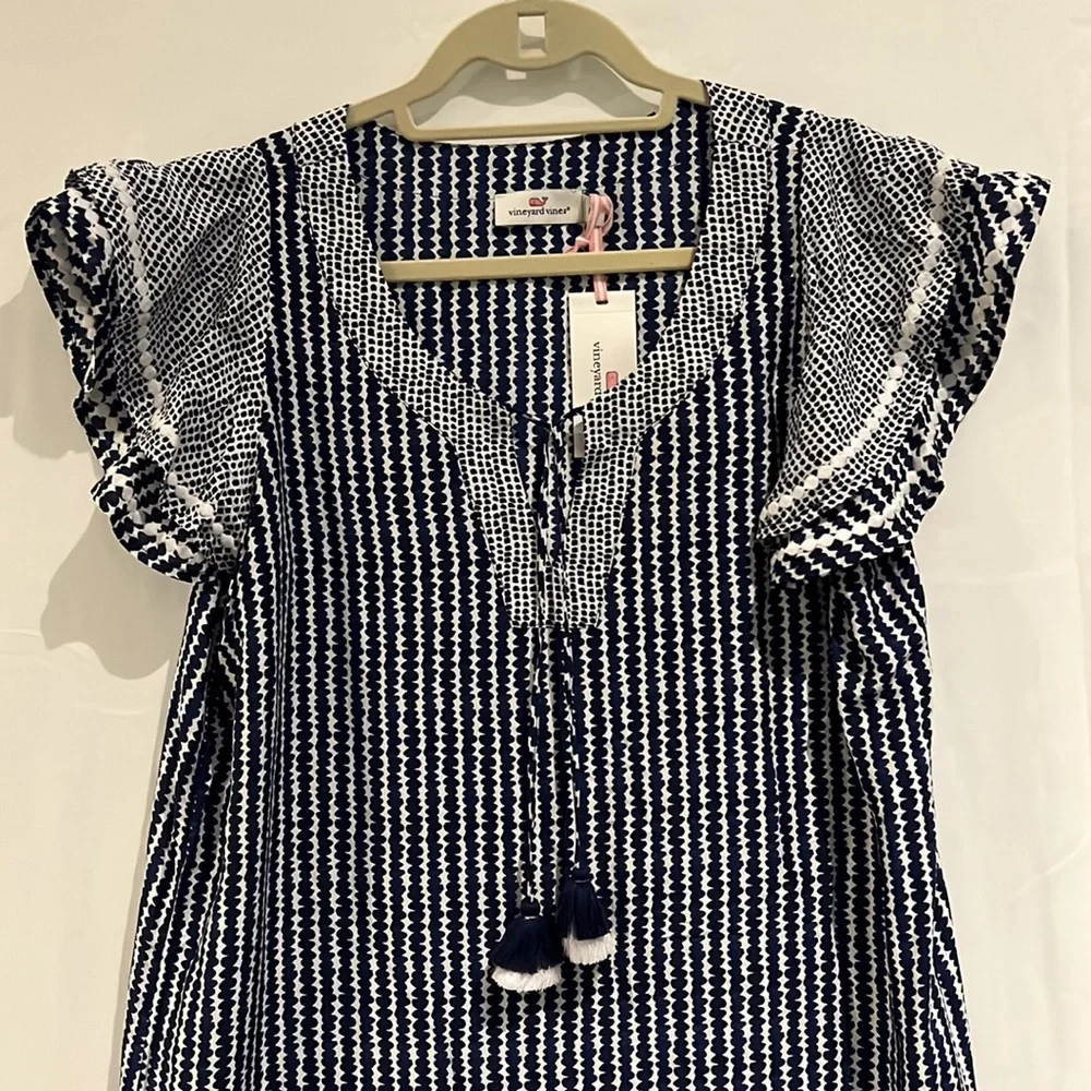 NWT VV Dot Stripe Vineyard Tunic Dress w/ Tassels, detail on flutter sleeves, M - Picture 3 of 8
